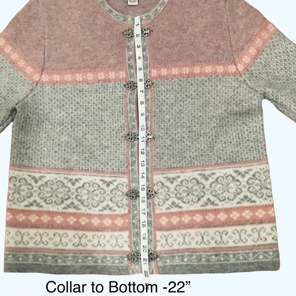 Vintage Carroll Reed Nordic Wool Cardigan Fair Isle Pink/Gray Metal Clasp Size L